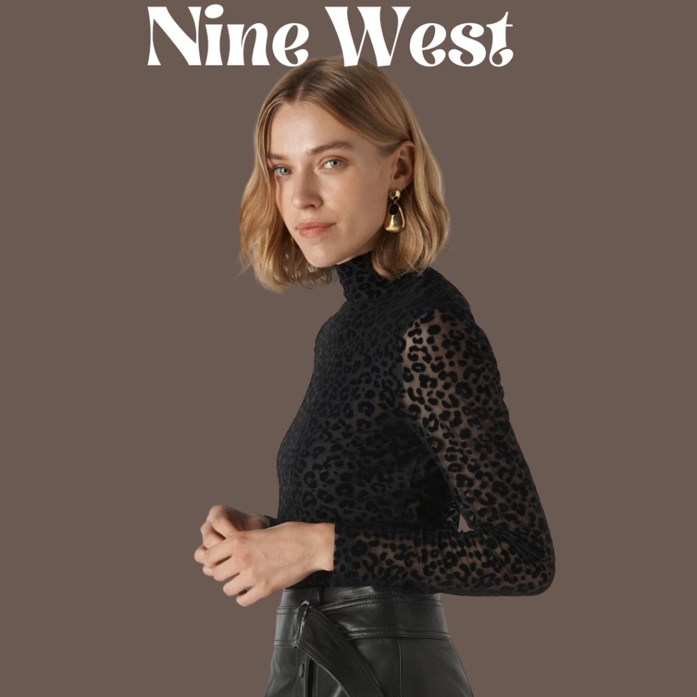 NWT Nine West Black Flocked Mesh High Neck Leopard Top